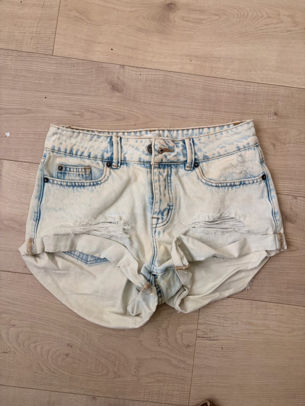 Muse Bleached Light Blue and Cream Distressed Denim Shorts